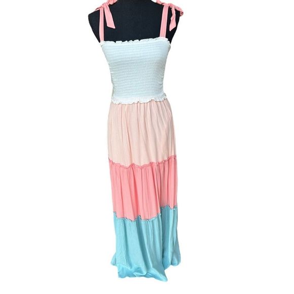 Women’s Tiered Color Block Smocked Maxi Dress-Tie Sleeves-See Description on SZ - Picture 5 of 16